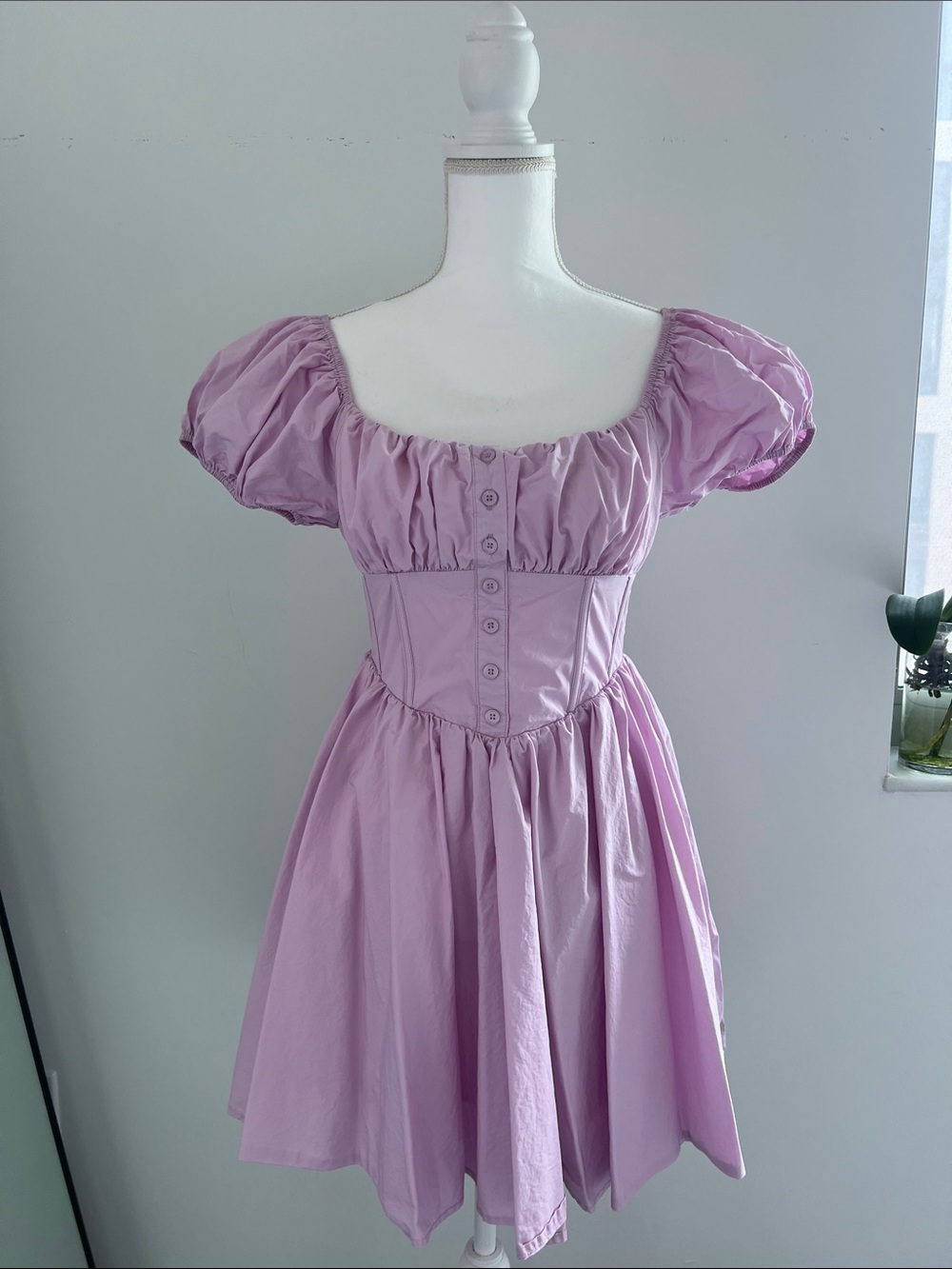 Lavender Puff Sleeve Mini Dress - Feminine Square Neck